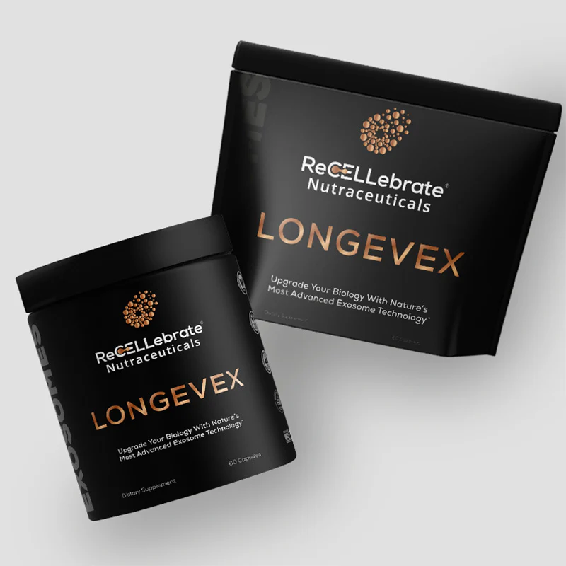 ReCELLebrate LONGEVEX exosome supplement packaging – anti-aging nutraceutical.