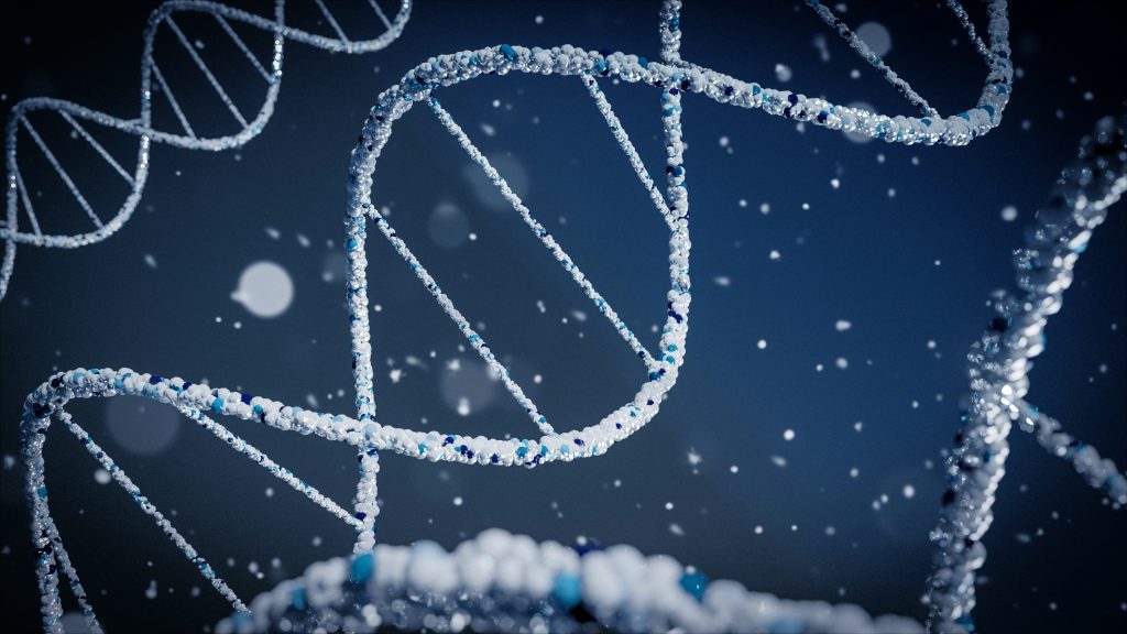 Close-up 3D illustration of a DNA double helix, symbolizing peptides, cellular health, and longevity science.