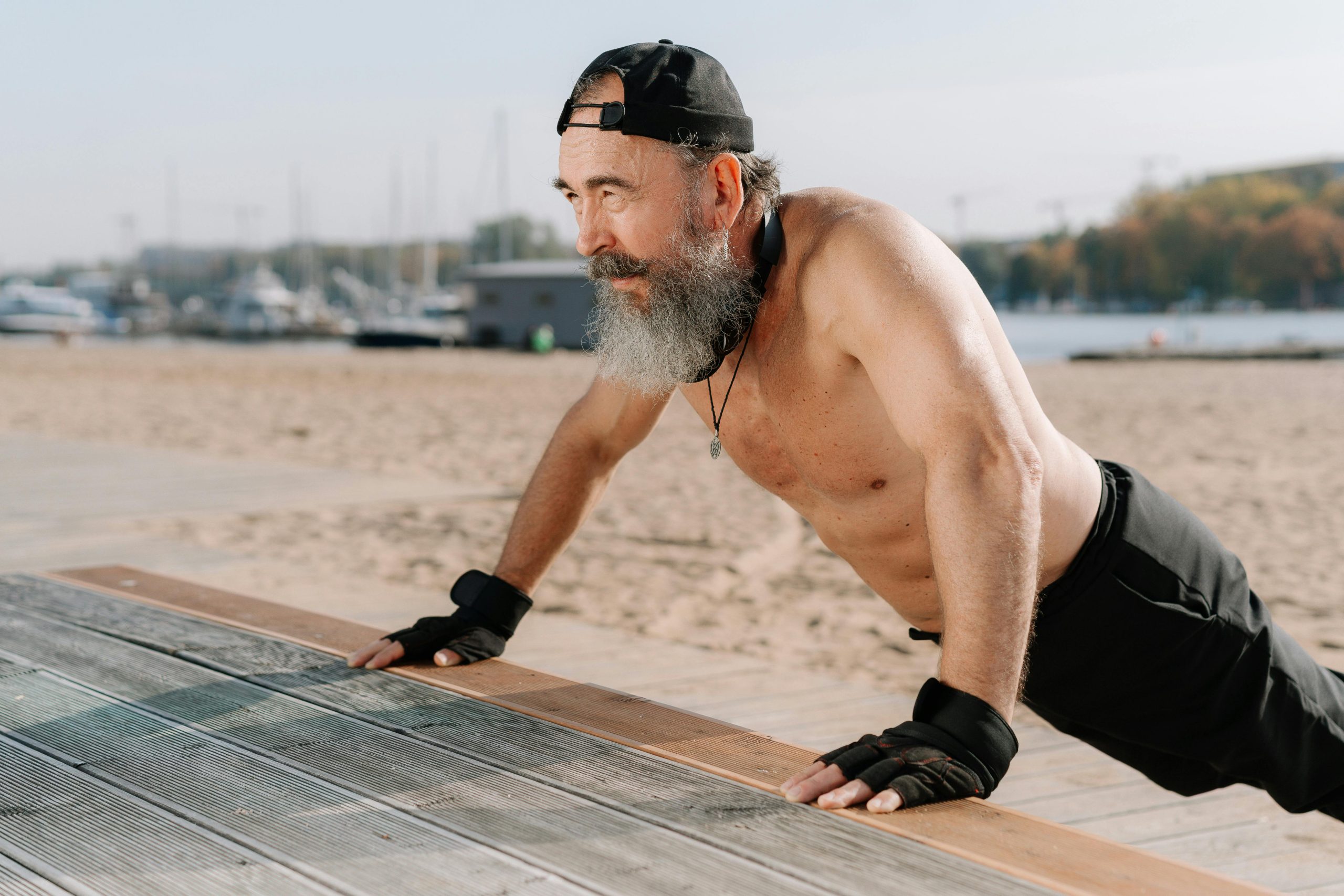 endurance-training-antiaging-regenerative-medicine-recell-ebrate Fit older man's exercise routine outdoors, representing endurance, longevity, and cellular vitality.