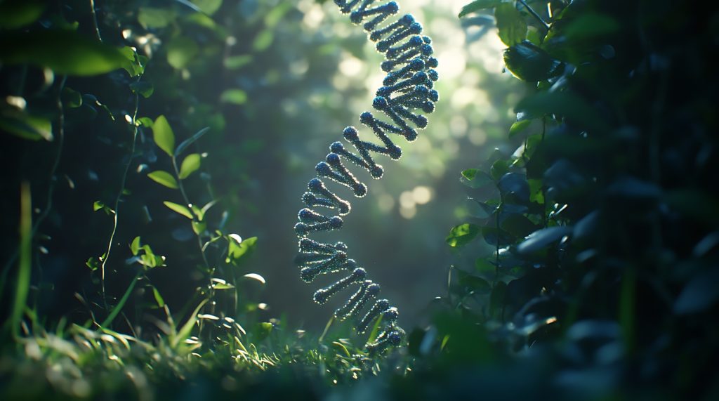 Plant-derived exosomes illustrated through plant biology and a DNA helix, representing cellular communication, regeneration, and longevity science