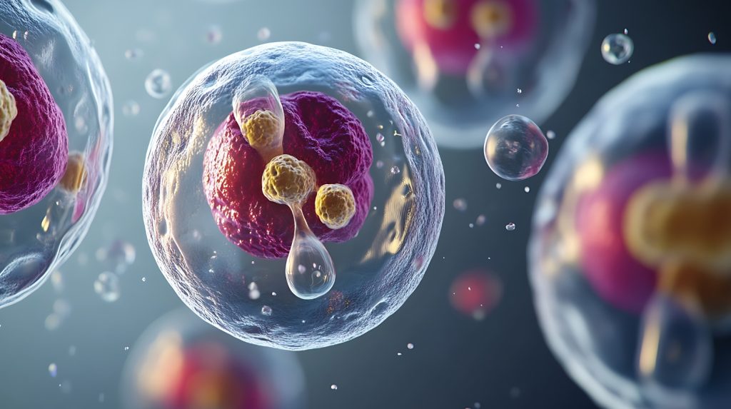 Illustration of a human cell showing internal stress and molecular signaling associated with cellular senescence and aging.