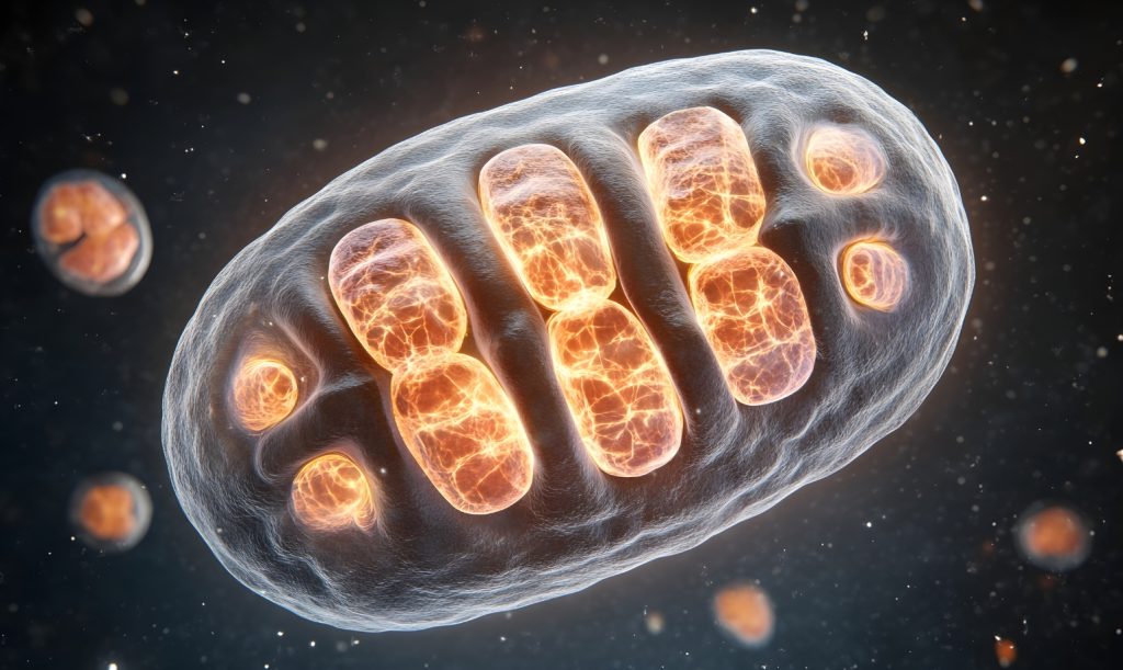 Illustration of mitochondria producing cellular energy, highlighting how impaired cellular repair and autophagy can contribute to chronic fatigue and reduced energy availability.